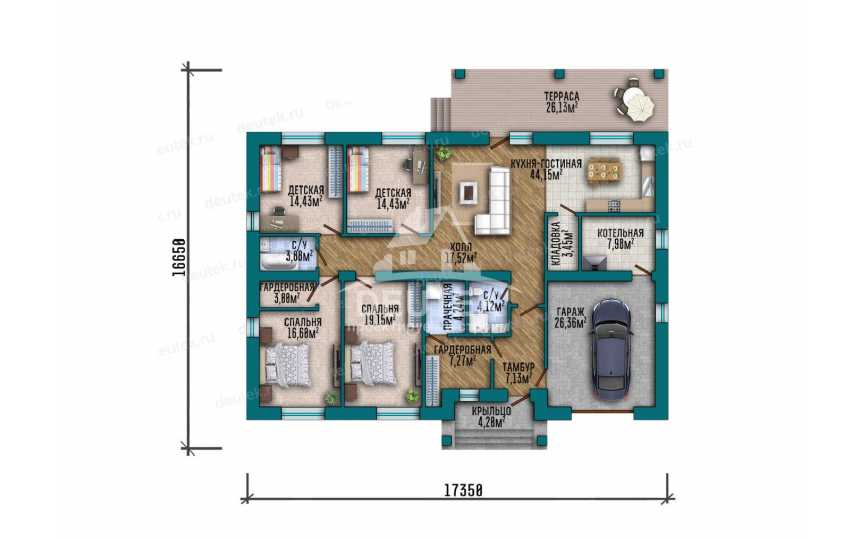 Проект квадратного одноэтажного дома с одноместным гаражом - LK-324