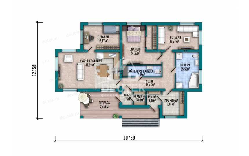 Проект узкого одноэтажного дома с тремя спальнями - LK-329
