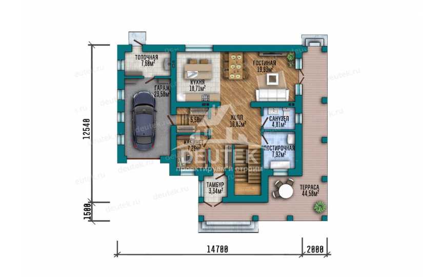 Проект дачного двухэтажного дома с одноместным гаражом - LK-336