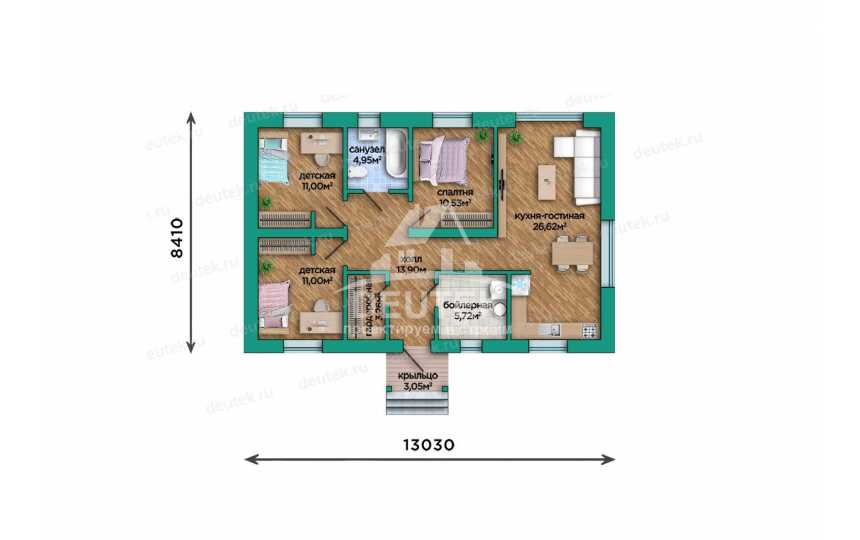 Проект узкого одноэтажного дома из газобетонного блока - LK-345