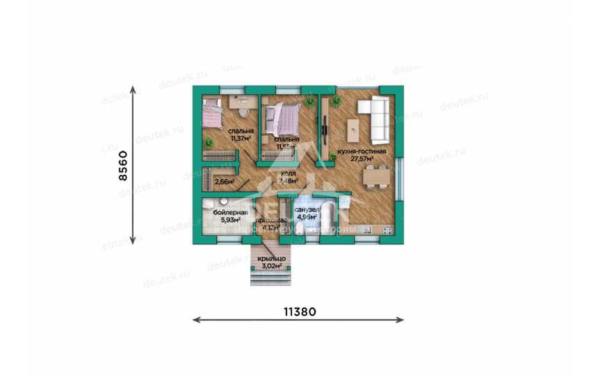 Проект дачного одноэтажного дома с двумя спальнями - LK-346