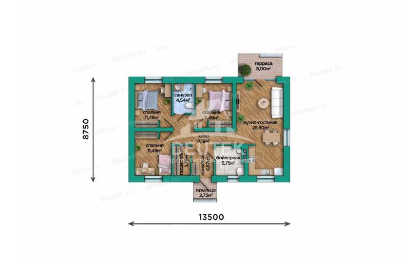 Проект дачного одноэтажного дома с тремя спальнями - LK-350