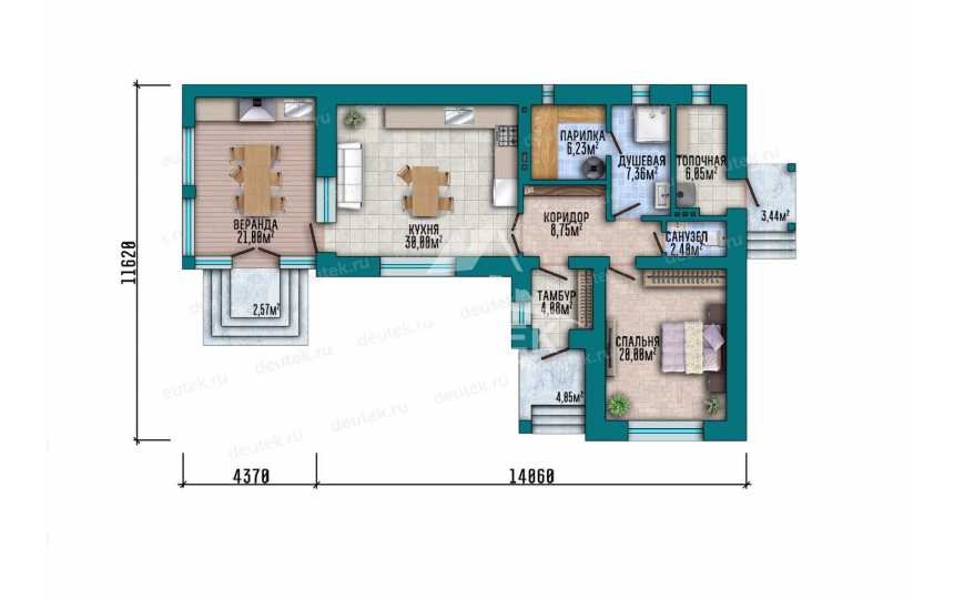 Проект углового одноэтажного дома с баней - LK-355