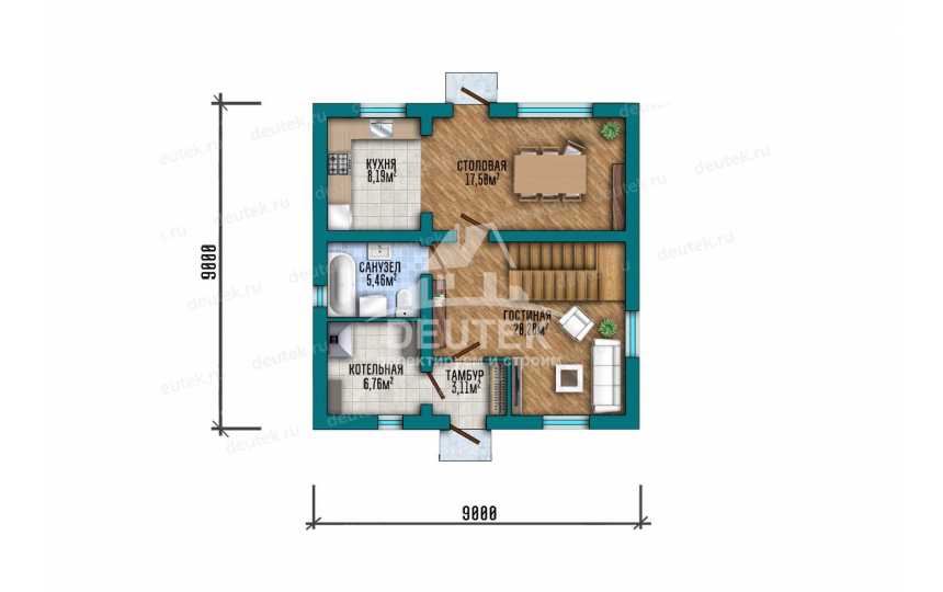 Проект квадратного двухэтажного дома с тремя спальнями - LK-358