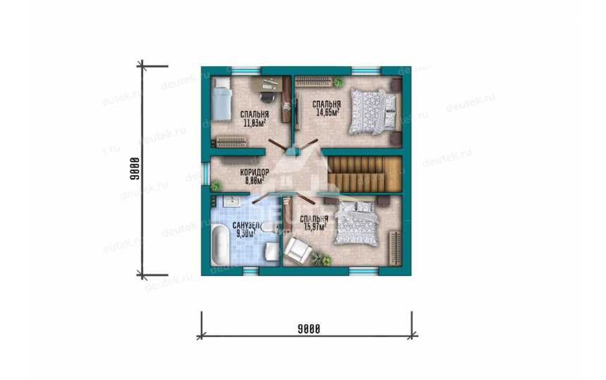 Проект квадратного двухэтажного дома с тремя спальнями - LK-358
