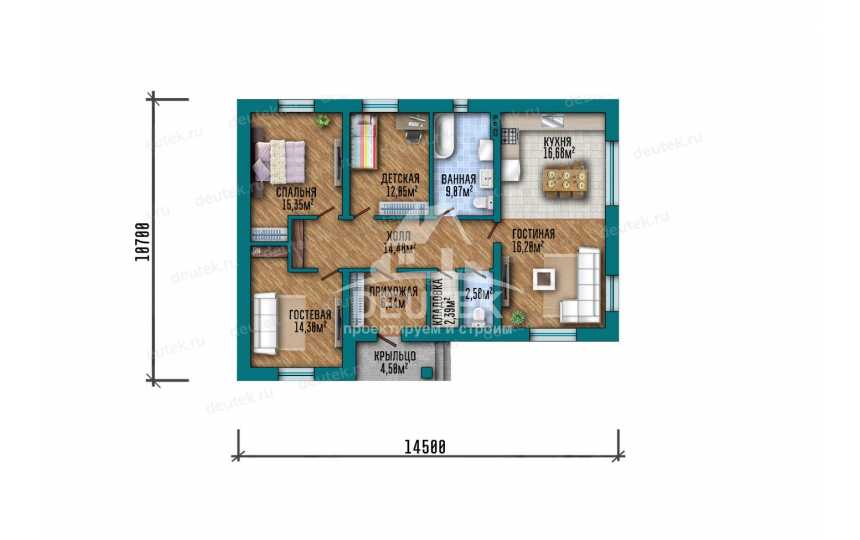 Проект дачного одноэтажного дома с размерами 14 м на 11 м - LK-360