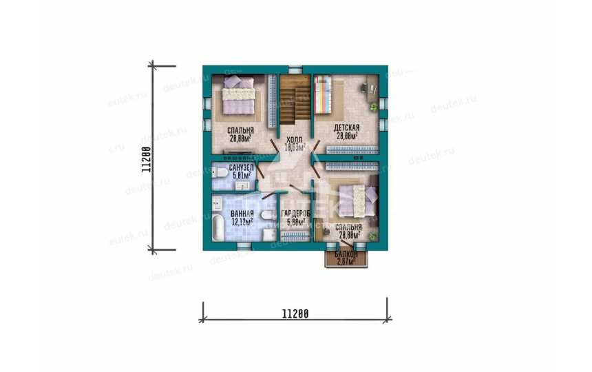 Проект квадратного двухэтажного дома с размерами 11 м на 11 м - LK-362
