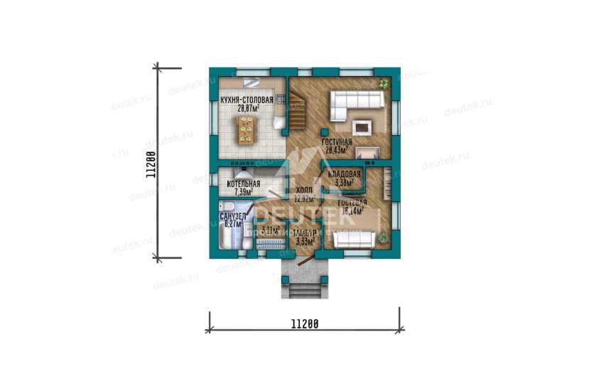 Проект квадратного двухэтажного дома с размерами 11 м на 11 м - LK-362