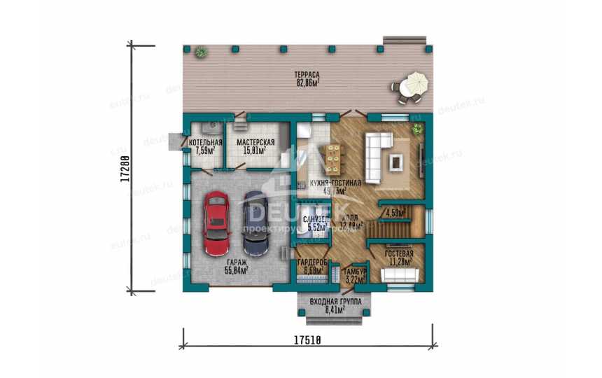 Проект квадратного двухэтажного дома с двухместным гаражом - LK-363