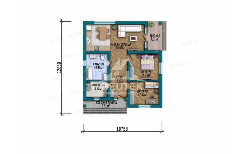 Проект квадратного одноэтажного дома с тремя спальнями - LK-364