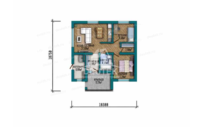 Проект квадратного одноэтажного дома из газобетонного блока - LK-365
