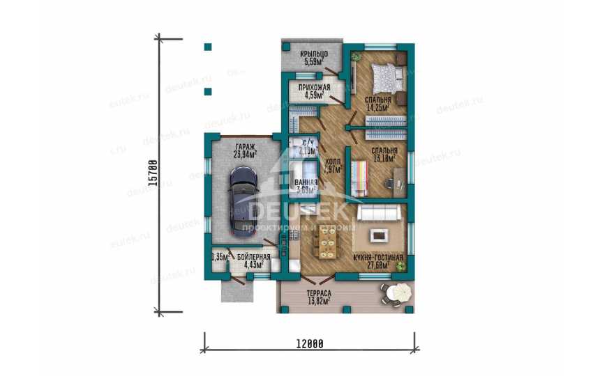 Проект загородного одноэтажного дома с одноместным гаражом - LK-366