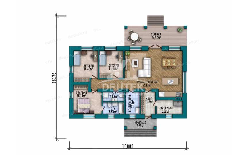 Проект загородного одноэтажного дома с размерами 16 м на 18 м - LK-372