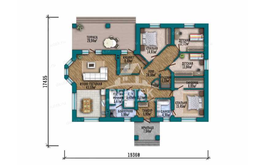 Проект дачного одноэтажного дома с эркером и кабинетом - LK-373