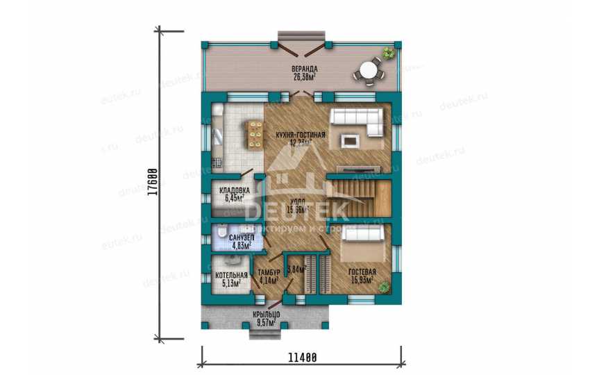 Проект узкого двухэтажного дома с верандой - LK-375