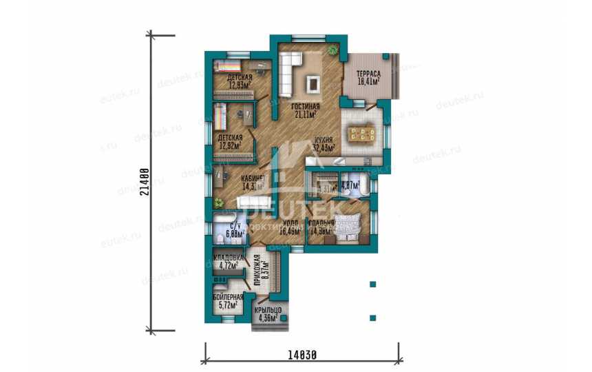 Проект узкого одноэтажного дома с навесом для автомобиля - LK-376