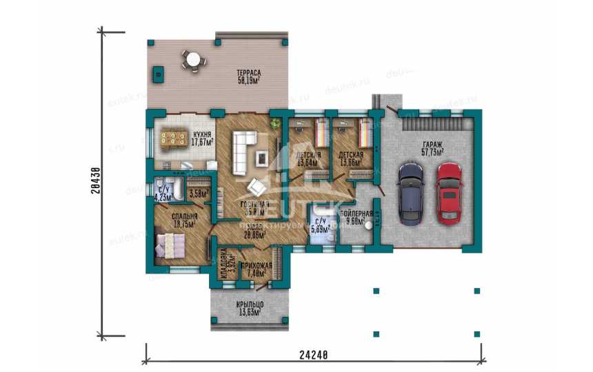 Проект узкого одноэтажного дома с двухместным гаражом - LK-377