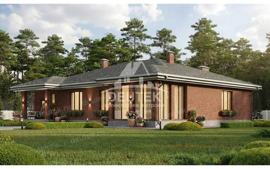 Проект квадратного одноэтажного дома с гаражом и верандой - LK-379