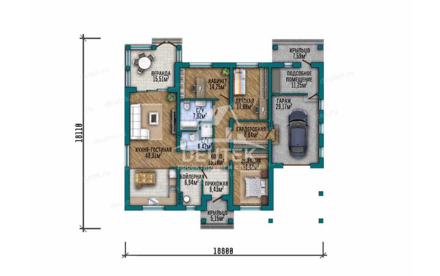 Проект квадратного одноэтажного дома с гаражом и верандой - LK-379