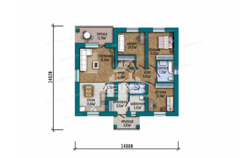 Проект квадратного одноэтажного дома с кабинетом - LK-380