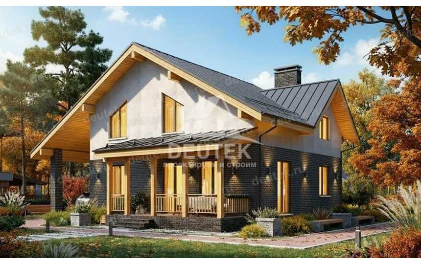 Проект загородного двухэтажного дома с навесом для автомобиля - LK-385