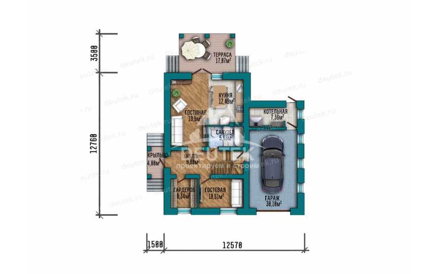 Проект дачного двухэтажного дома с одноместным гаражом - LK-388