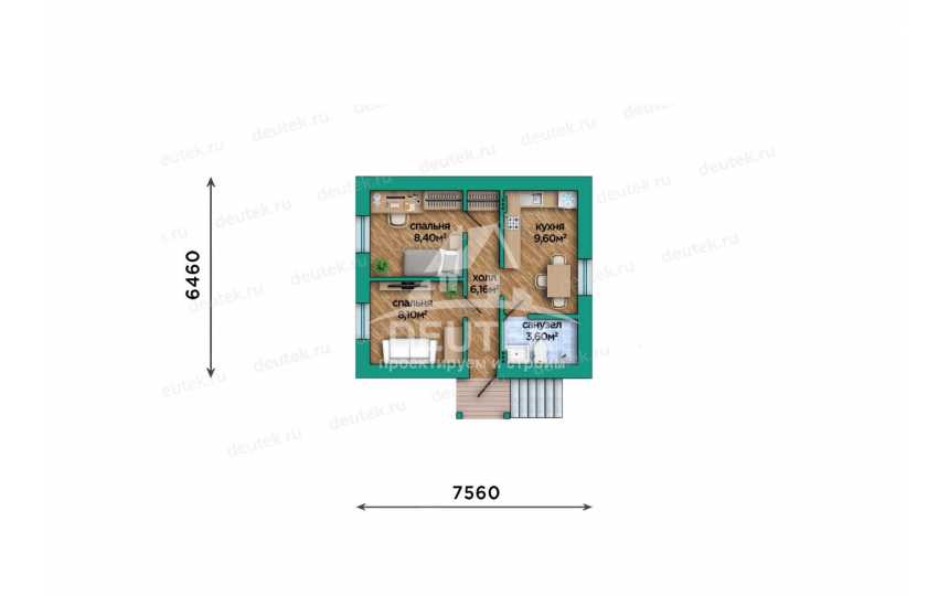 Проект квадратного одноэтажного дома с размерами 7 м на 7 м - LK-399