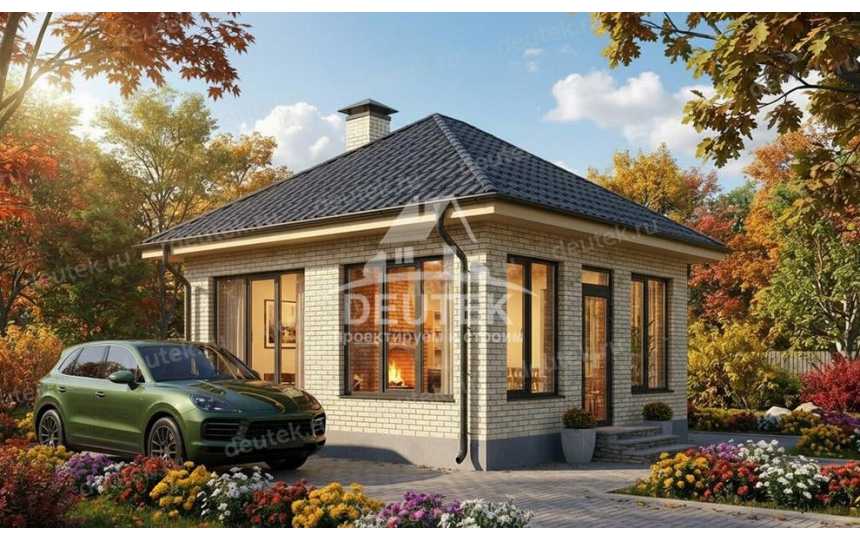 Готовый проект уютного дома-беседки 25 м² с вальмовой крышей и большими окнами - LK-536
