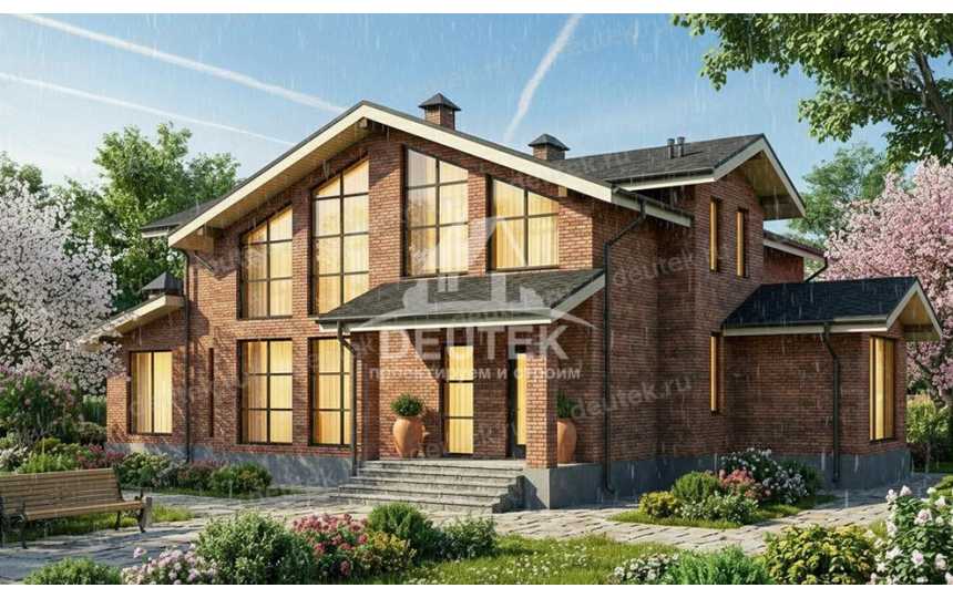 Проект двухэтажного дома площадью 359 м² — 5 спален, навес на 2 автомобиля и просторная терраса - LK-572