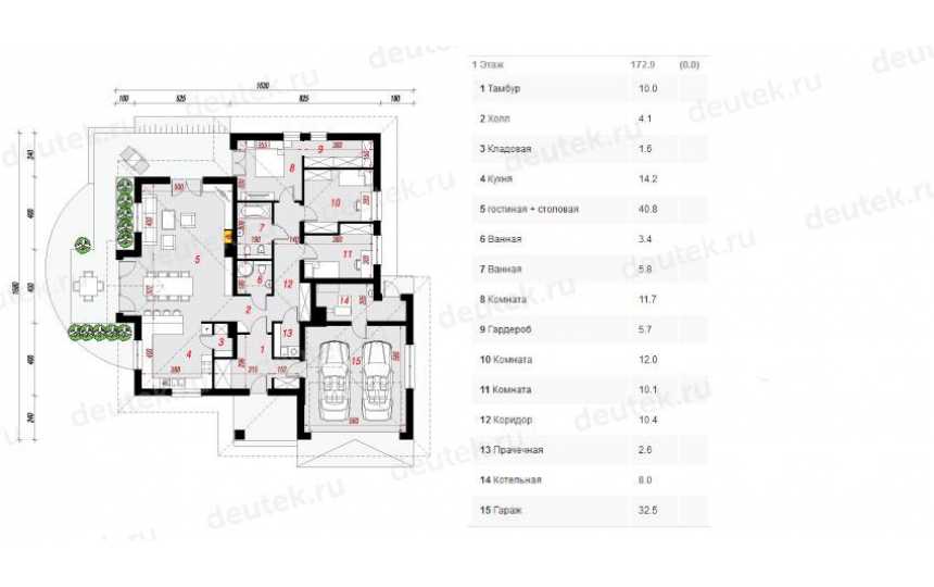 Проект европейского квадратного одноэтажного дома из керамоблоков с двухместным гаражом и камином - VR-1 VR-1