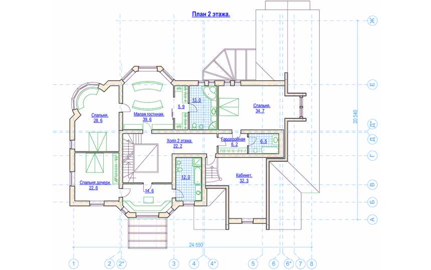 Проект трёхэтажного дома в стиле барокко из керамоблоков с тренажёрным залом, двухместным гаражом и сауной с размерами 24 м на 20 м EV-5