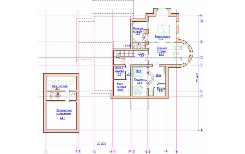 Проект узкого трёхэтажного дома в стиле барокко с цокольным этажом, двухместным гаражом и сауной, с площадью до 800 кв м EV-6