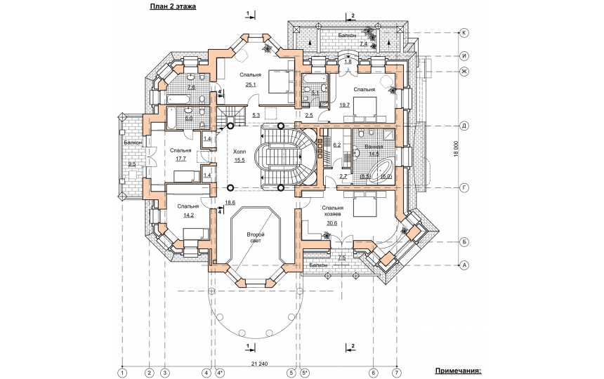 Проект трехэтажного дома из кирпича в стиле барокко с цокольным этажом, зимним садом и сауной, с размерами 21 м на 18 м EV-9