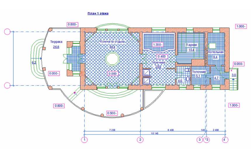 Проект узкой одноэтажной бани из кирпича в стиле барокко с террасой, площадью до 200 кв м AG-1