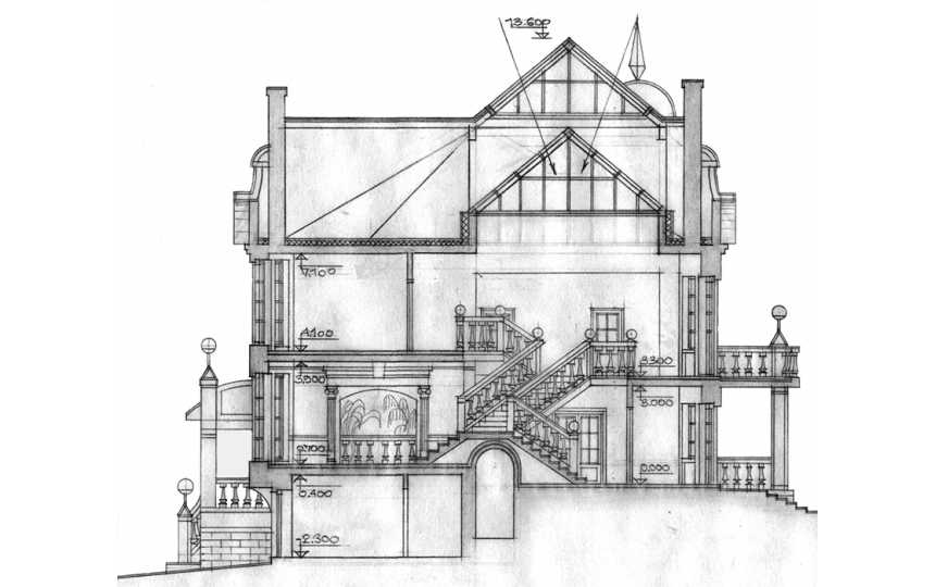 Проект узкого двухэтажного дома из кирпича в стиле барокко с цокольным этажом , погребом и двухместным гаражом PA-16