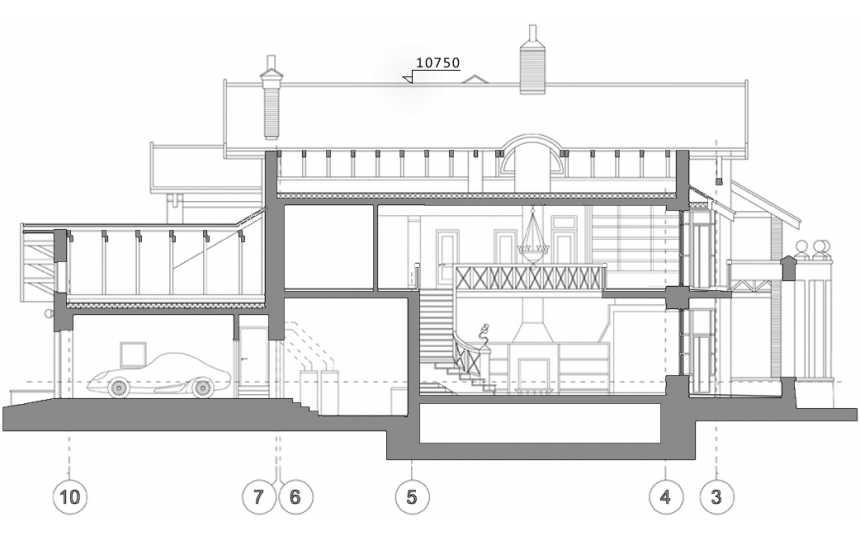 Проект узкого двухэтажного дома из кирпича в стиле барокко с двухместным гаражом, с площадью до 350 кв м и размерами 27 м на 13 м PA-18