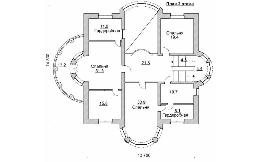 Проект квадратного двухэтажного дома из кирпича в стиле барокко с эркерами и тренажёрным залом, с площадью до 450 кв м  PA-29