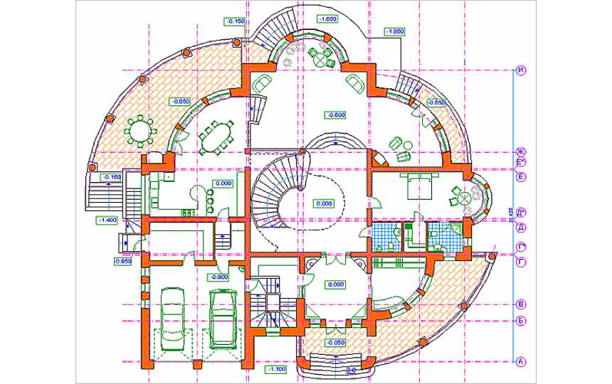 Проект трехэтажного дома с цокольным этажом и двухместным гаражом, с размерами 23 м на 21 м и площадью до 1400 кв м EV-19