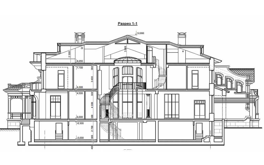 Проект узкого трехэтажного дома из поризованных блоков в стиле барокко с цокольным этажом и кабинетом , с площадью до 1300 кв м EV-21