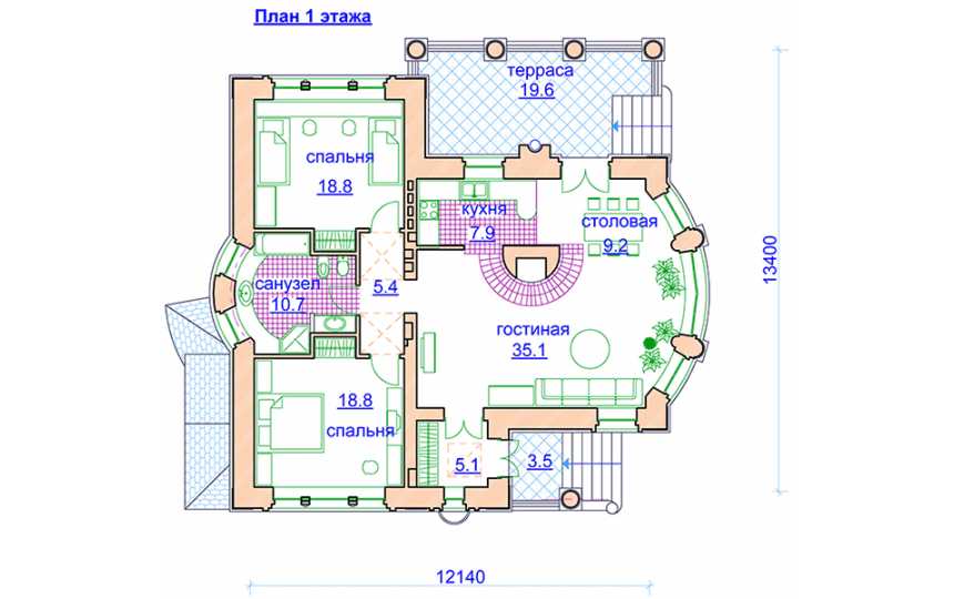 Проект двухэтажного дома в стиле барокко из керамоблока и кирпича с цокольным этажом и эркером, с размерами 12 м на 13 м EV-23