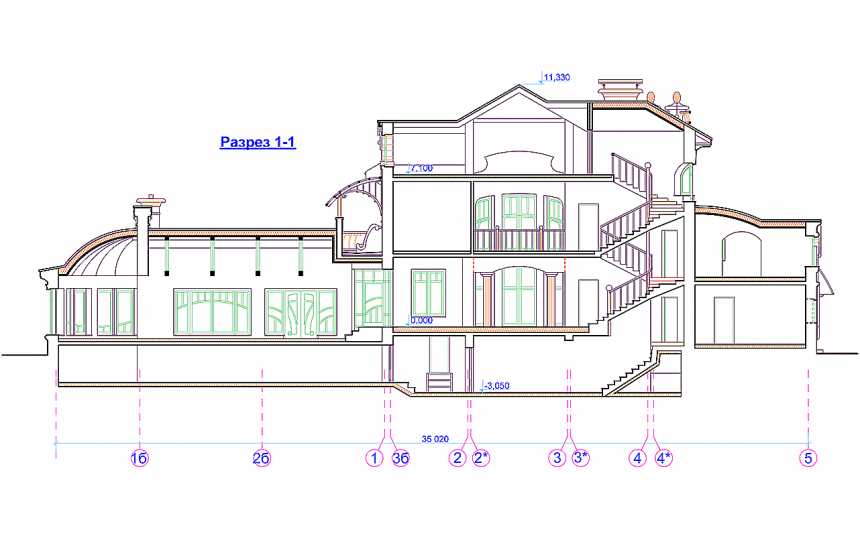 Проект узкого трёхэтажного дома из кирпича в стиле барокко с цокольным этажом и двухместным гаражом, с площадью до 650 кв м  PA-45