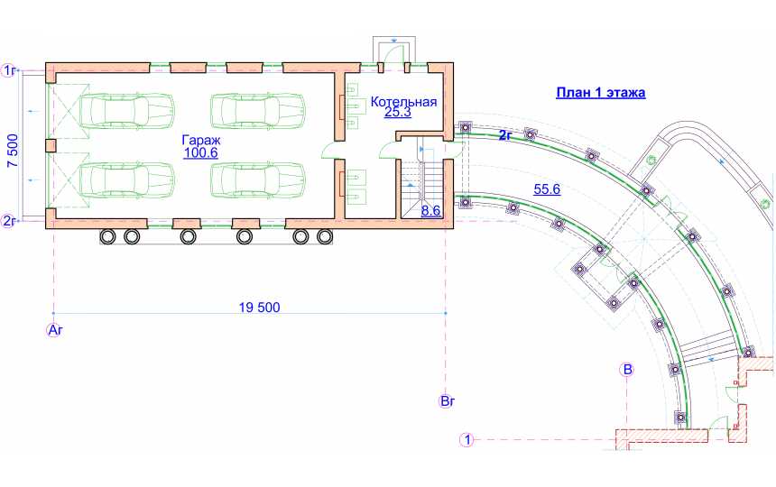 Проект гаража для четырёх машин из кирпича в стиле барокко c размерами 8 м на 20 м и площадью до 300 кв м - PA-63