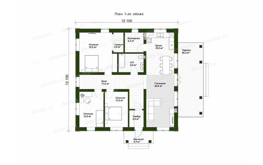 Одноэтажный дом - дача для небольшой семьи, проект 326В «Бирюса», 129м2, 2 спальни, 2 гардеробные