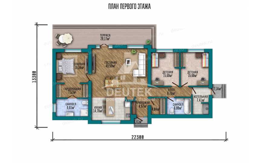 Проект узкого одноэтажного дома площадью до 200 кв м SRK-1000