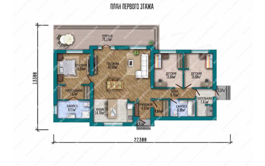 проект узкого одноэтажного дома с размерами 22 м на 13 м LK-43
