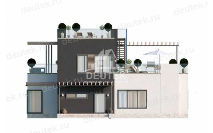 Проект в стиле хай-тек двухэтажного дома в европейском стиле с террасами на втором этаже и на крыше LK-88