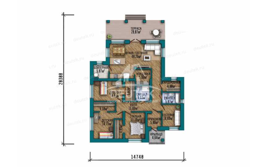 Проект узкого одноэтажного дома из газобетона с тремя спальнями - LK-184