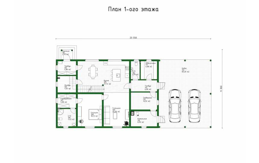 Проект узкого двухэтажного дома с навесом для двух автомобилей - P233
