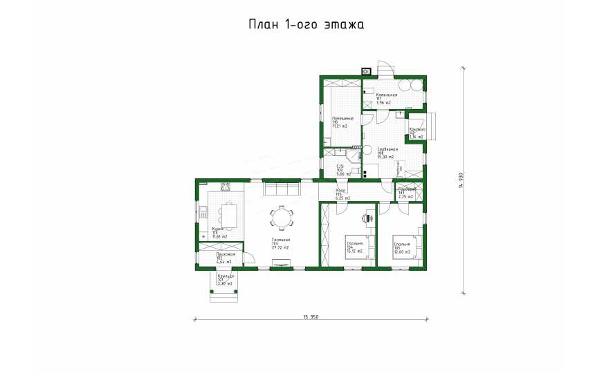 Проект одноэтажного дома с размерами 14 м на 15 м - P255