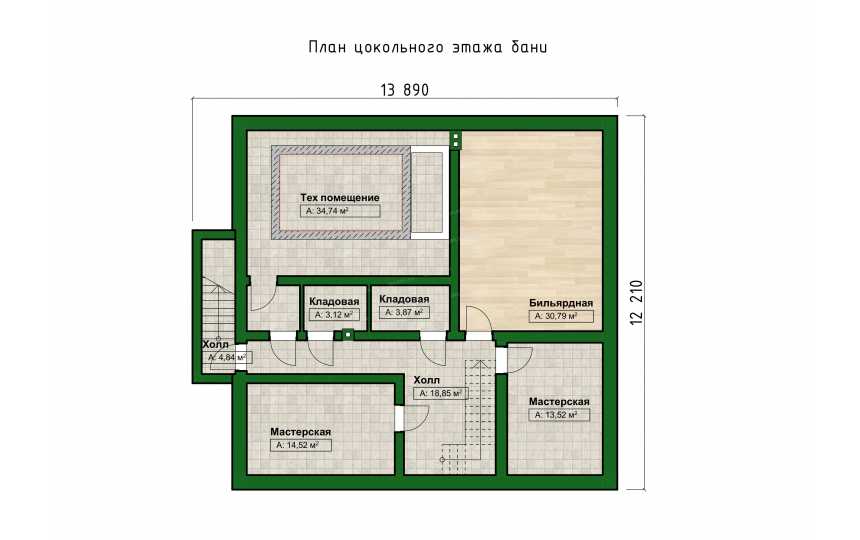 Проект бани с бассейном, бильярдной, веррандой и террасой - P258